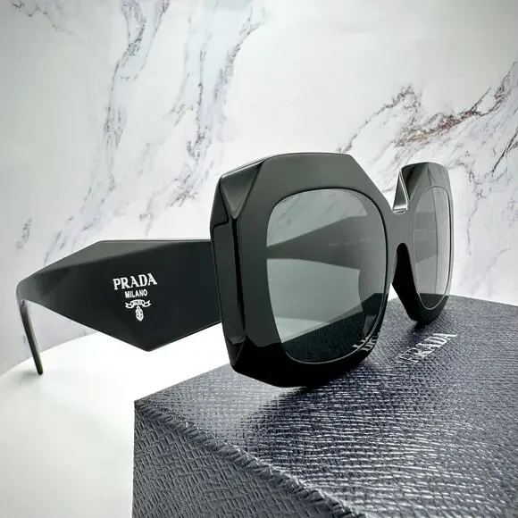 New PRADA Sunglasses Black Silver Symbole Logo Oversized Square Frame 54mm - Picture 16 of 16